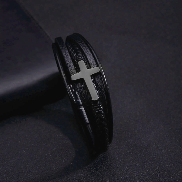 Cross of Black Leather Cuff Band Bracelet