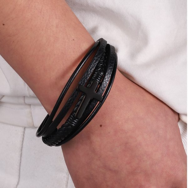 Christianartworkshop Cross of Black Leather Cuff Band Bracelet