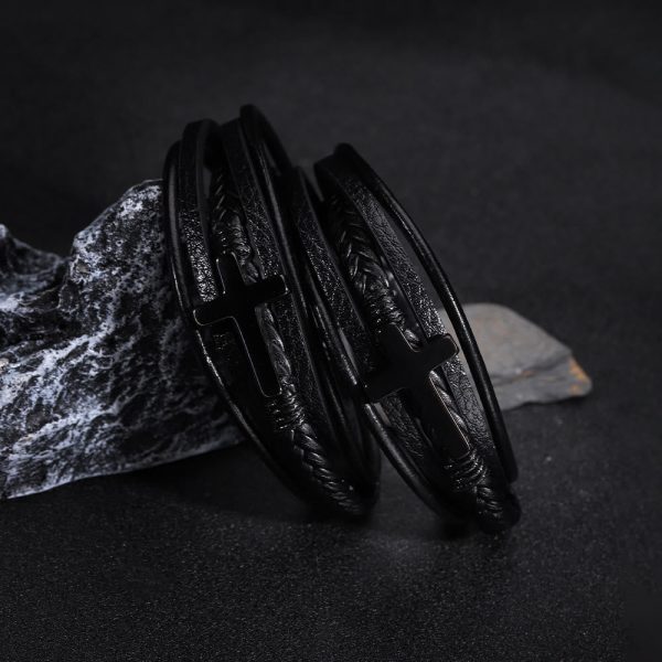 Christianartworkshop Cross of Black Leather Cuff Band Bracelet