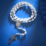 Miraculous Medal & Crucifix of 4mm White Pearl Ball Prayer Beads Rosary
