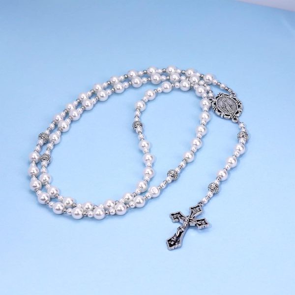 Christianartworkshop Miraculous Medal & Crucifix of 4mm White Pearl Ball Prayer Beads Rosary
