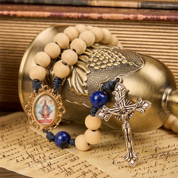 Christianartworkshop Our Lady & Crucifix of 10mm Handmade Wooden Beads Lapis Lazuli Our Father Beads Rosary