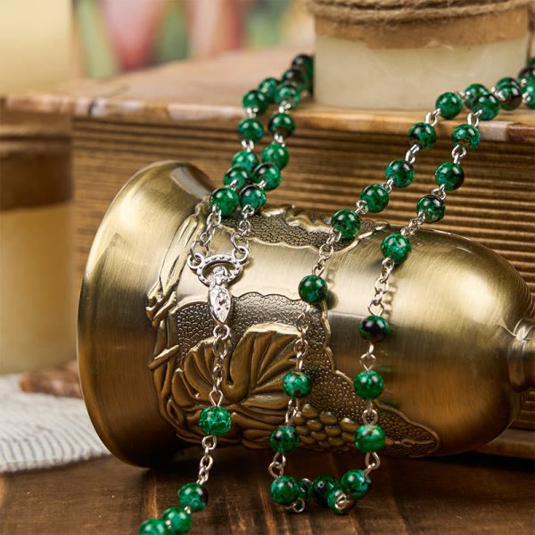 Our Lady & Crucifix of 6mm Green Pattern Glass Beads Prayer Rosary