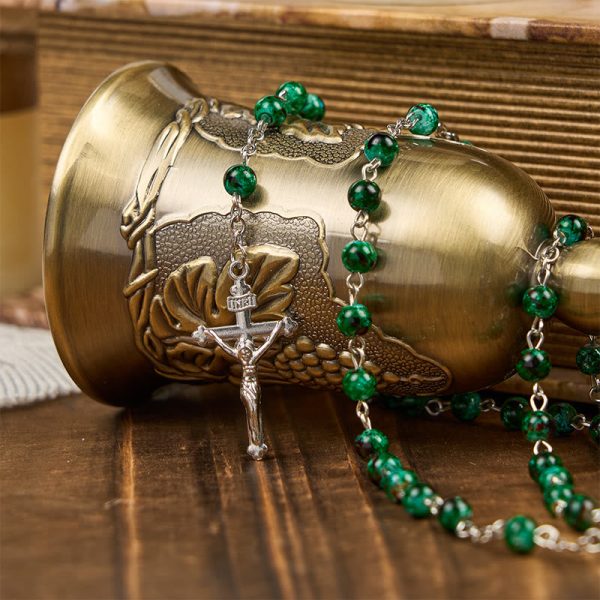 Our Lady & Crucifix of 6mm Green Pattern Glass Beads Prayer Rosary