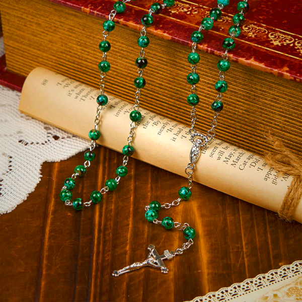 Our Lady & Crucifix of 6mm Green Pattern Glass Beads Prayer Rosary