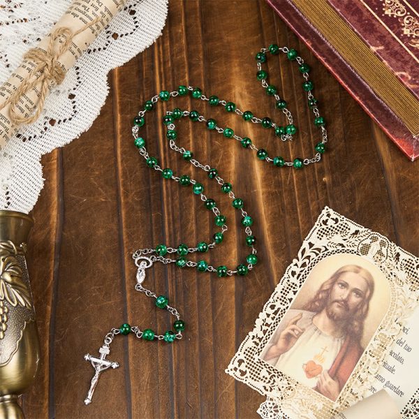 Our Lady & Crucifix of 6mm Green Pattern Glass Beads Prayer Rosary