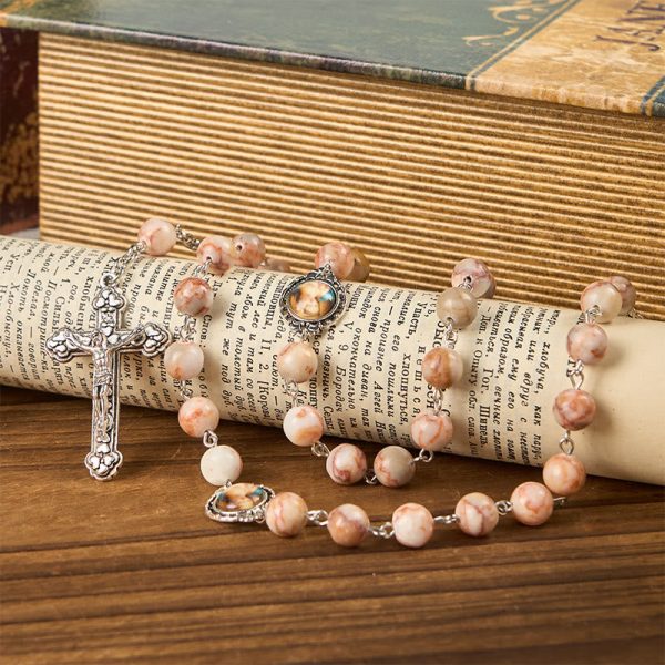 Our Lady Pray For US & Crucifix of 8mm Red Stone Prayer Beads Rosary
