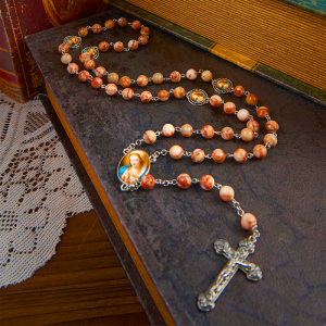 Our Lady Pray For US & Crucifix of 8mm Red Stone Prayer Beads Rosary