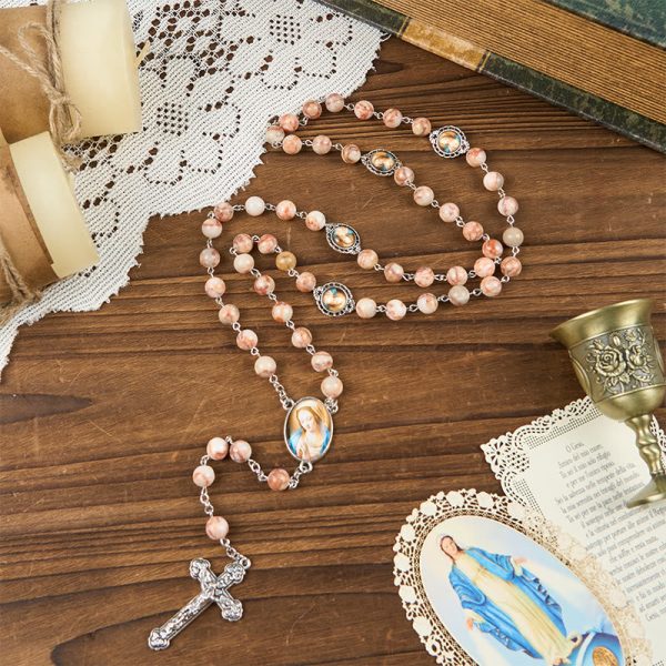 Our Lady Pray For US & Crucifix of 8mm Red Stone Prayer Beads Rosary