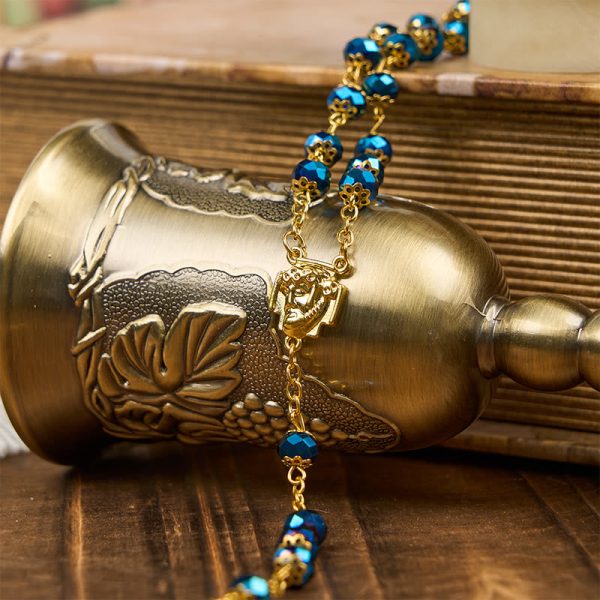 Jesus Icon & Crucifix of 8mm Royal Blue Crystal Beads Prayer Rosary