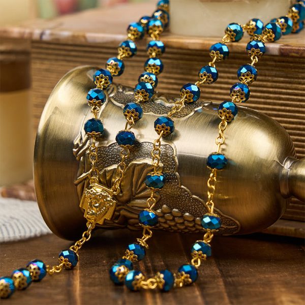 Jesus Icon & Crucifix of 8mm Royal Blue Crystal Beads Prayer Rosary