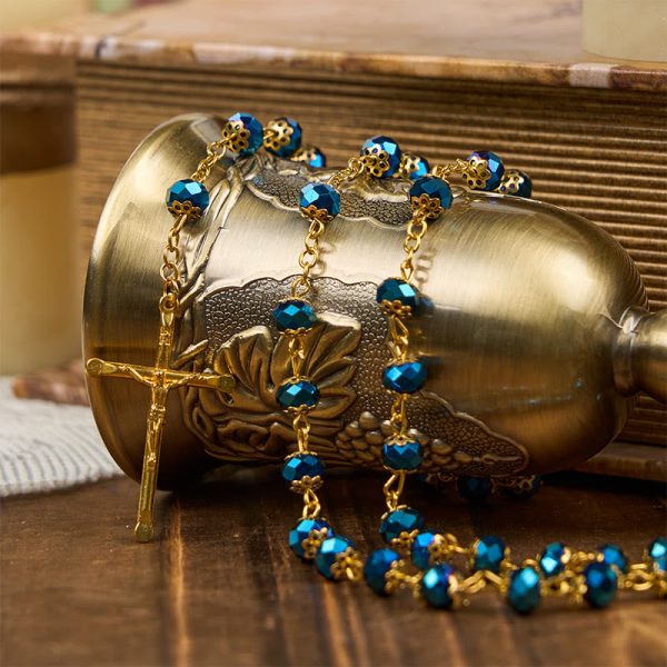 Jesus Icon & Crucifix of 8mm Royal Blue Crystal Beads Prayer Rosary