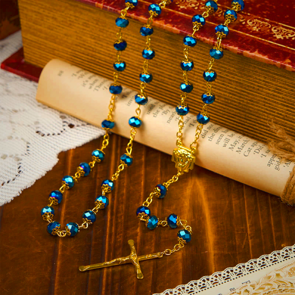 Jesus Icon & Crucifix of 8mm Royal Blue Crystal Beads Prayer Rosary