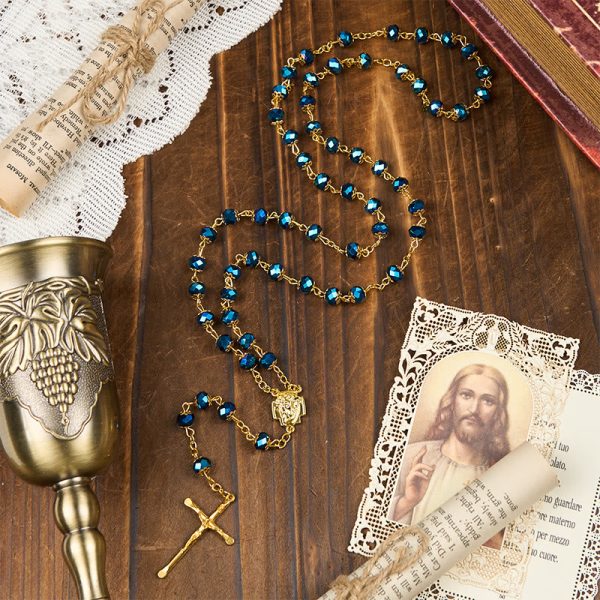 Jesus Icon & Crucifix of 8mm Royal Blue Crystal Beads Prayer Rosary