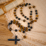 Natural Obsidian Tiger's Eye Rosary Necklace - Hematite Stone Cross Protection Rosary