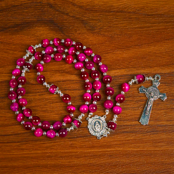 Miraculous Medal & Crucifix of 8mm Pink Tiger Eye Gemstone Beads Rosary