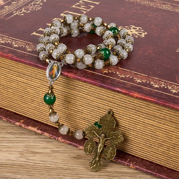 Vintage Style Divine Mercy Jesus & Pardon Crucifix of 8mm Stone Beads Prayer Rosary