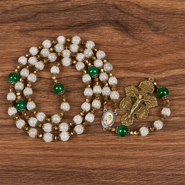 Vintage Style Divine Mercy Jesus & Pardon Crucifix of 8mm Stone Beads Prayer Rosary