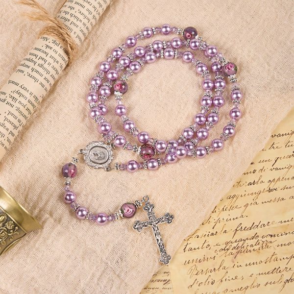 Christianartworkshop Miraculous Medal & Crucifix 8mm Purple Pearl & Crystal Handmade Rosary - Sacred Beads for Holy Prayer