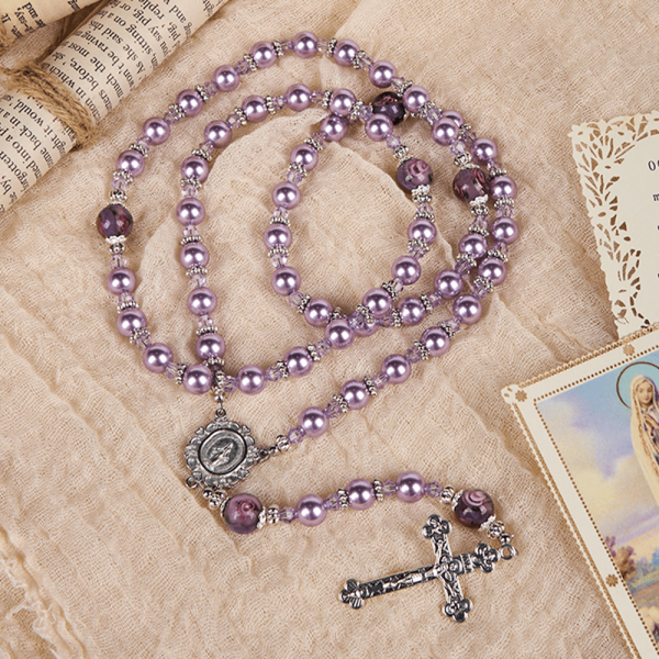 Christianartworkshop Miraculous Medal & Crucifix 8mm Purple Pearl & Crystal Handmade Rosary - Sacred Beads for Holy Prayer
