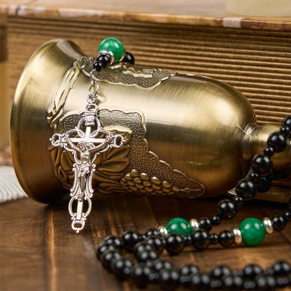 Christianartworkshop PRAYERFUL FAITH: St. Benedict & Crucifix of 8mm Obsidian & Jade Handmade Bead Rosary