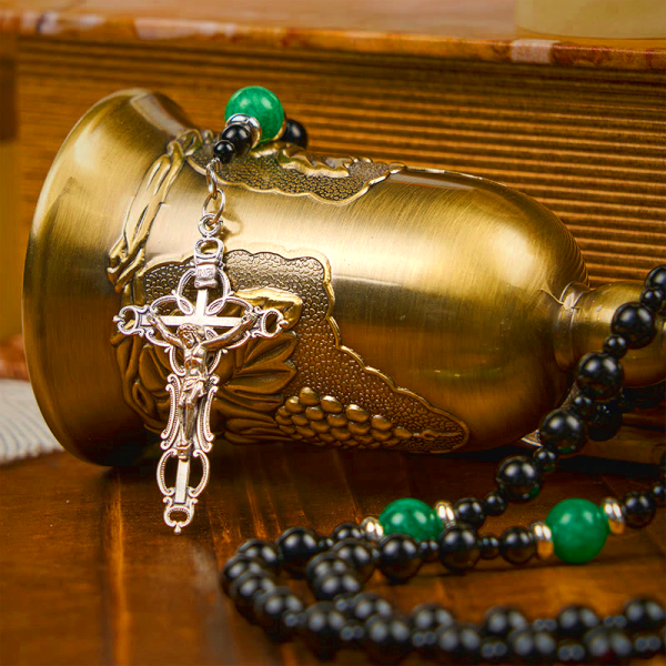 St. Benedict & Crucifix of 8mm Obsidian & Jade Handmade Bead Rosary - Faith and Sacred Connection