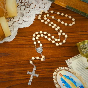 Miraculous Medal & Crucifix of 8mm White Pine Prayer Beads Rosary