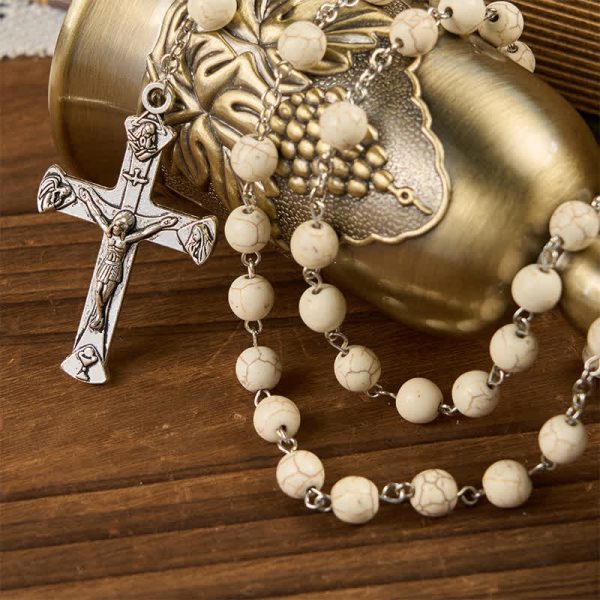 Miraculous Medal & Crucifix of 8mm White Pine Prayer Beads Rosary