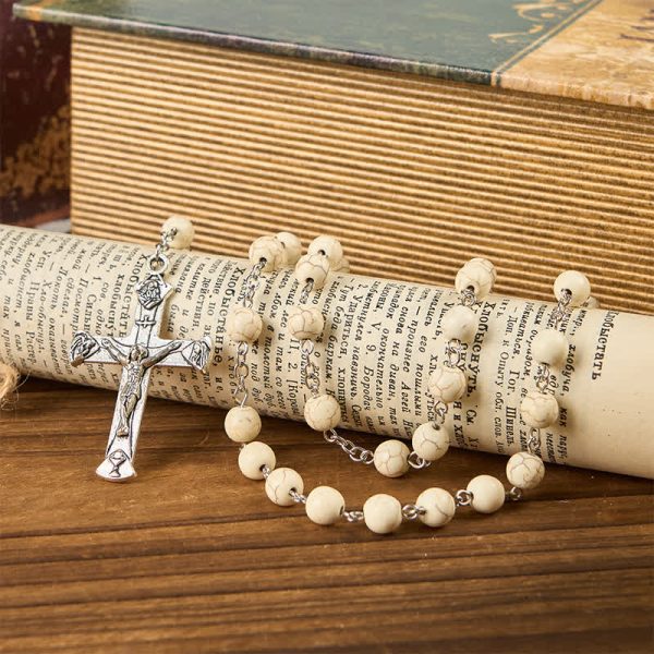 Miraculous Medal & Crucifix of 8mm White Pine Prayer Beads Rosary