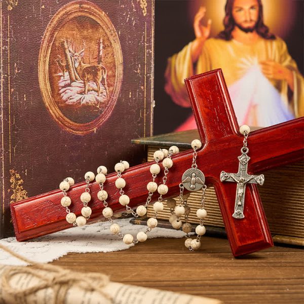Miraculous Medal & Crucifix of 8mm White Pine Prayer Beads Rosary