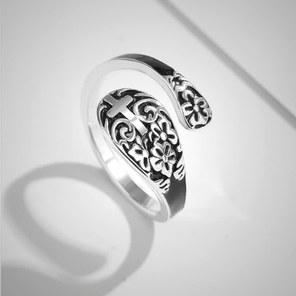Adjustable 925 Sterling Silver Engraved Cross Ring - Elegance in Devotion