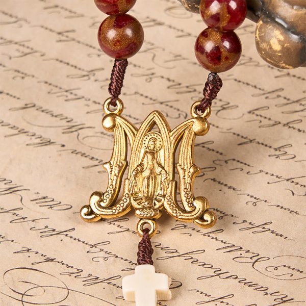 Virgin Mary & Crucifix 8mm Red Gold Stone & Cross White Turquoise Handcrafted Rosary