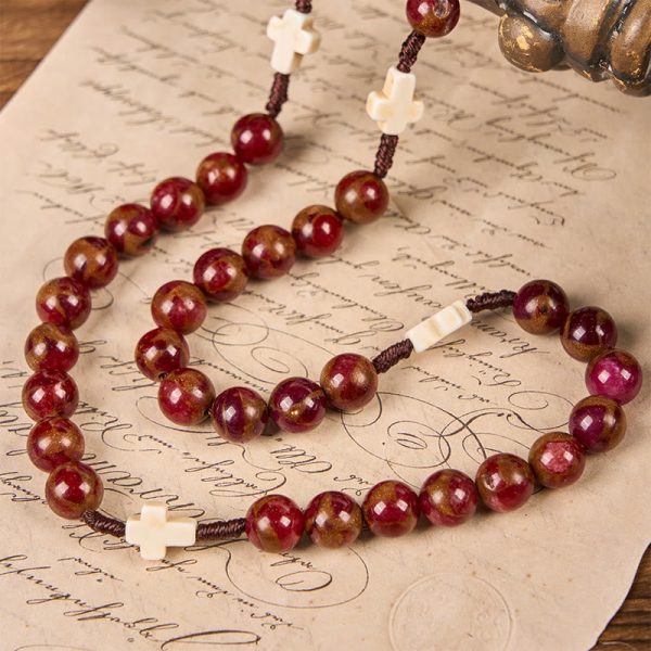 Virgin Mary & Crucifix 8mm Red Gold Stone & Cross White Turquoise Handcrafted Rosary