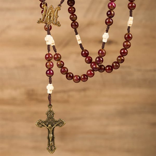 Virgin Mary & Crucifix 8mm Red Gold Stone & Cross White Turquoise Handcrafted Rosary