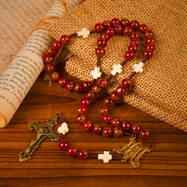 Virgin Mary & Crucifix 8mm Red Gold Stone & Cross White Turquoise Handcrafted Rosary