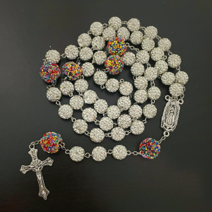 Our Lady of Guadalupe & Crucifix of 10mm Round White Rhinestone Alloy Chain Rosary
