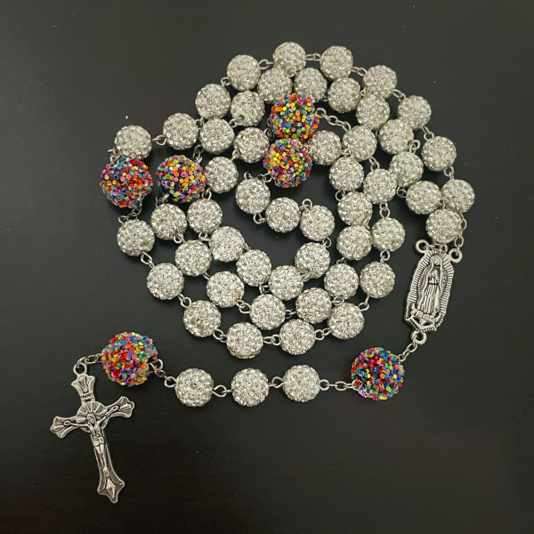 Our Lady of Guadalupe & Crucifix of 10mm Round White Rhinestone Alloy Chain Rosary