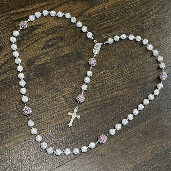 Christianartworkshop Our Lady of Guadalupe & Crucifix of 10mm Round White Rhinestone Alloy Chain Rosary