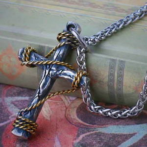 Exquisite 925 Sterling Silver and Brass Rope Forged Cross Necklace