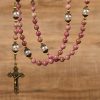 Christianartworkshop Miraculous Medal & Crucifix of 8mm Natural Red Wood Vein Stone Handmade Rosary Beads