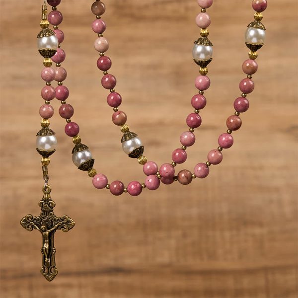 Christianartworkshop Miraculous Medal & Crucifix of 8mm Natural Red Wood Vein Stone Handmade Rosary Beads