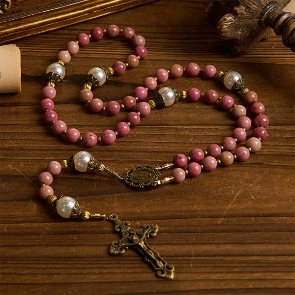 Christianartworkshop Miraculous Medal & Crucifix of 8mm Natural Red Wood Vein Stone Handmade Rosary Beads