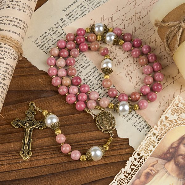 Christianartworkshop Miraculous Medal & Crucifix of 8mm Natural Red Wood Vein Stone Handmade Rosary Beads