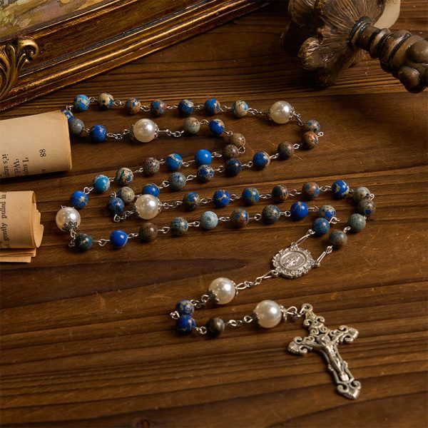 Christianartworkshop Miraculous Medal & Crucifix of 8mm Deep Blue Imperial Stone Handmade Rosary for Daily Pray