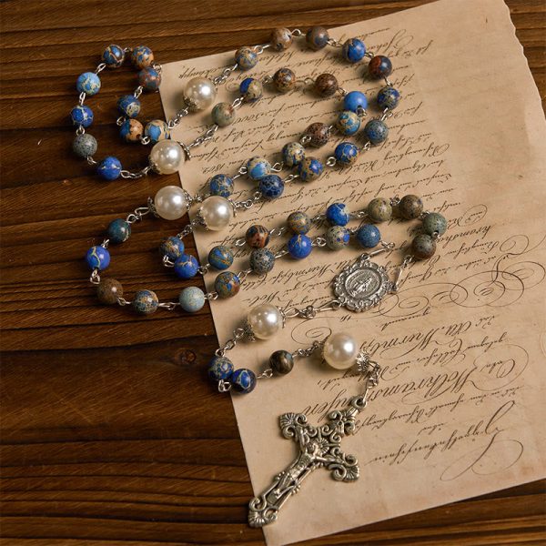 Christianartworkshop Miraculous Medal & Crucifix of 8mm Deep Blue Imperial Stone Handmade Rosary for Daily Pray