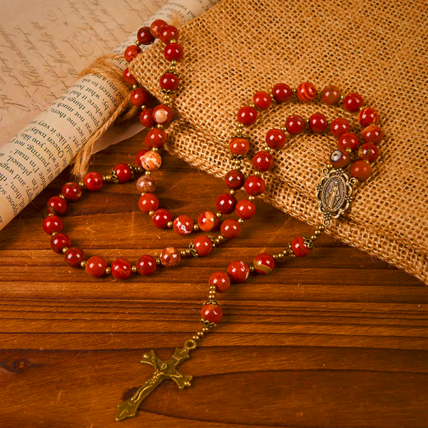 Handmade 8mm Red Jasper Gemstone Rosary with Miraculous Medal & Crucifix