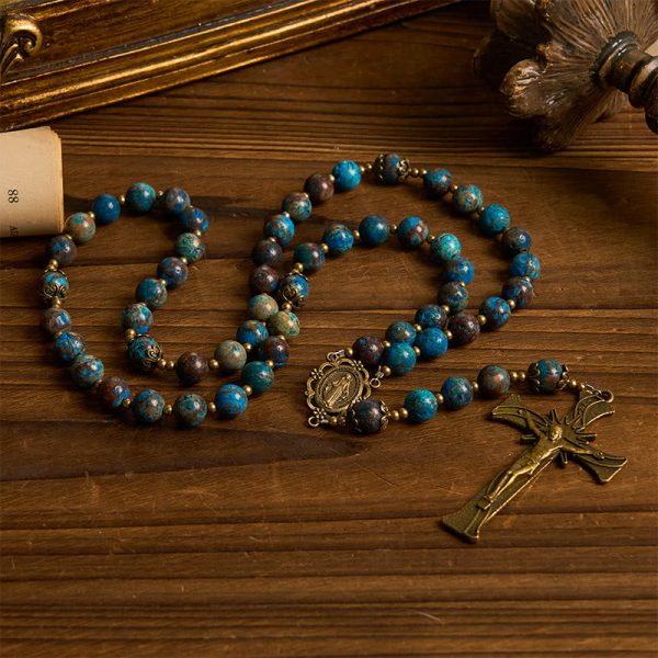 Christianartworkshop Blue Pattern Beads Handmade Rosary: Miraculous Medal & Crucifix of 8mm Authentic Larimar Stone