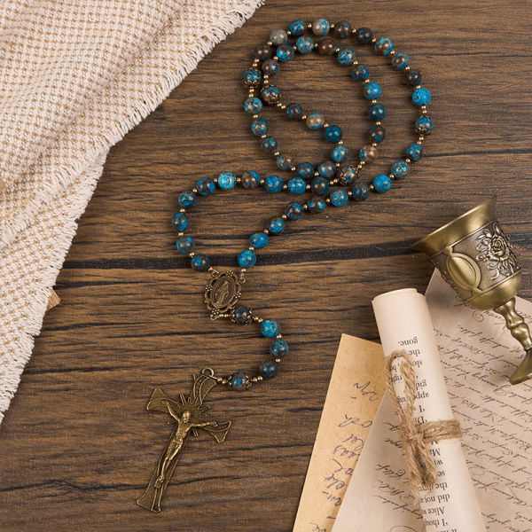 Christianartworkshop Blue Pattern Beads Handmade Rosary: Miraculous Medal & Crucifix of 8mm Authentic Larimar Stone