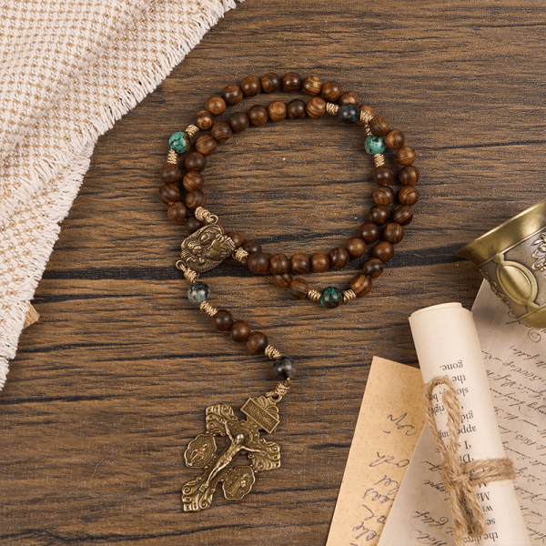 Christianartworkshop Holy Family & Crucifix of 8mm Handmade Pine Wood & African Turquoise Rosary
