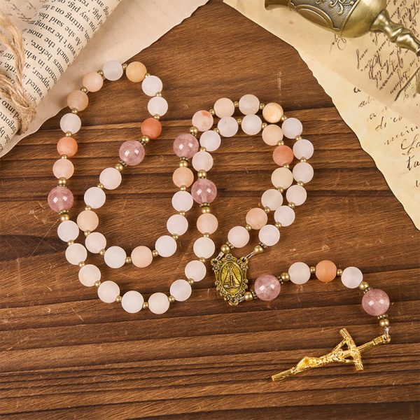 Christianartworkshop Our Lady & Crucifix of 8mm Handmade Pink Aventurine & Strawberry Quartz Rosary